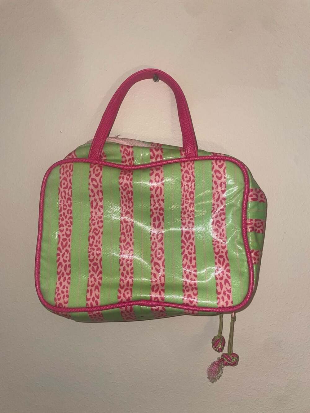 Stephanie Johnson Y2K Green and Pink Striped Leopard Print Makeup Bag